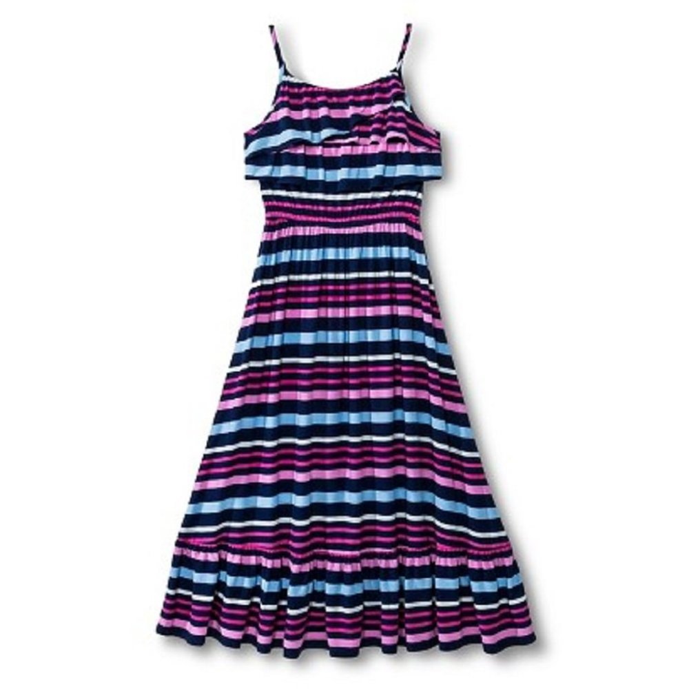 Cherokee Girls' Challis Striped Maxi Ruffled Long Summer Sun Dress